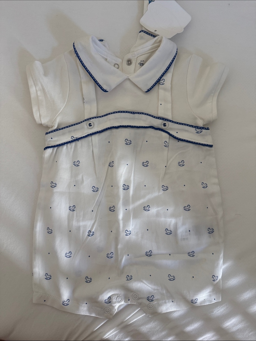 Mayoral White Romper with Navy Trim and Sailboat Detail NWT